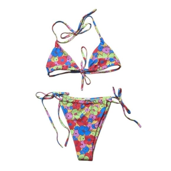 Triangle Cheeky Bright Floral Print Bikini Large Multicolor - Picture 3 of 6